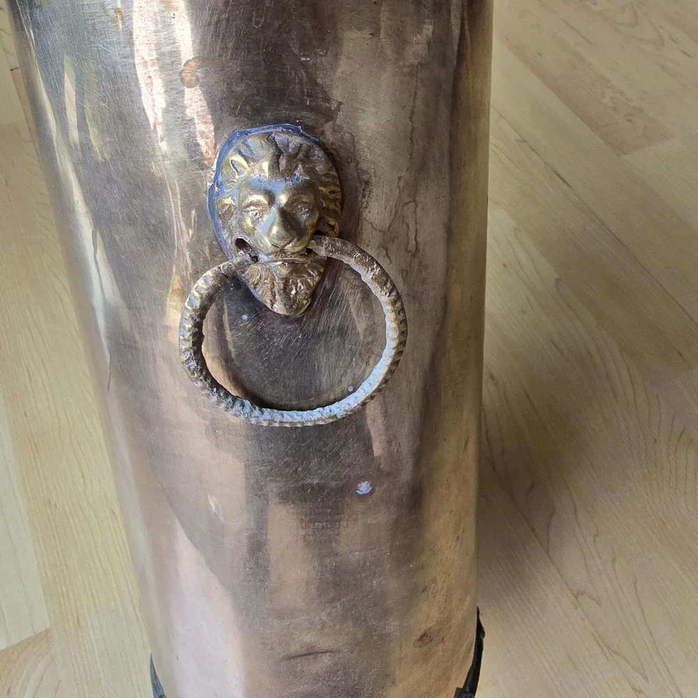 Vintage Brass Umbrella Stand Tall Floor Vase Lion Head Ring Handles Patina - Picture 6 of 13